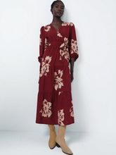 Aveloria Modichic Long Sleeve Women's Dress With Floral Print On Red Background, French Encore Design, Cinched Waist Waist Tea Length